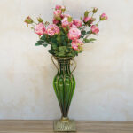 6-SOGA Green Colored Glass Flower Vase with 8 Bunch 5 Heads Artificial Fake Silk Rose Home Decor Set