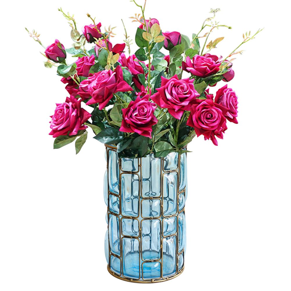 1-SOGA Blue Glass Cylinder Flower Vase with 8 Bunch 5 Heads Artificial Fake Silk Rose Home Decor Set