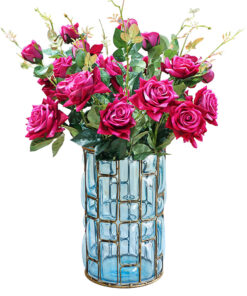 1-SOGA Blue Glass Cylinder Flower Vase with 8 Bunch 5 Heads Artificial Fake Silk Rose Home Decor Set