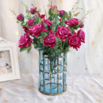 5-SOGA Blue Glass Cylinder Flower Vase with 8 Bunch 5 Heads Artificial Fake Silk Rose Home Decor Set