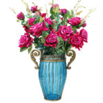 1-SOGA Blue Colored Glass Flower Vase with 8 Bunch 5 Heads Artificial Fake Silk Rose Home Decor Set