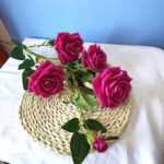 3-SOGA Blue Colored Glass Flower Vase with 8 Bunch 5 Heads Artificial Fake Silk Rose Home Decor Set