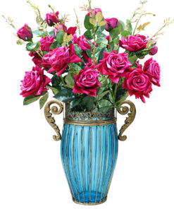 1-SOGA Blue Colored Glass Flower Vase with 8 Bunch 5 Heads Artificial Fake Silk Rose Home Decor Set