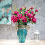 6-SOGA Blue Colored Glass Flower Vase with 8 Bunch 5 Heads Artificial Fake Silk Rose Home Decor Set