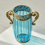 7-SOGA Blue Colored Glass Flower Vase with 8 Bunch 5 Heads Artificial Fake Silk Rose Home Decor Set