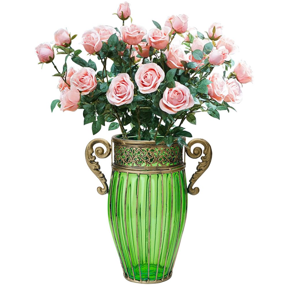 1-SOGA Green Glass Flower Vase with 8 Bunch 5 Heads Artificial Fake Silk Rose Home Decor Set