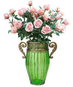 1-SOGA Green Glass Flower Vase with 8 Bunch 5 Heads Artificial Fake Silk Rose Home Decor Set