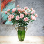 6-SOGA Green Glass Flower Vase with 8 Bunch 5 Heads Artificial Fake Silk Rose Home Decor Set