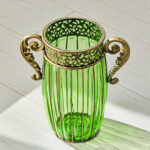 7-SOGA Green Glass Flower Vase with 8 Bunch 5 Heads Artificial Fake Silk Rose Home Decor Set