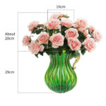 2-SOGA Green Colored Glass Flower Vase with 4 Bunch 9 Heads Artificial Fake Silk Rose Home Decor Set