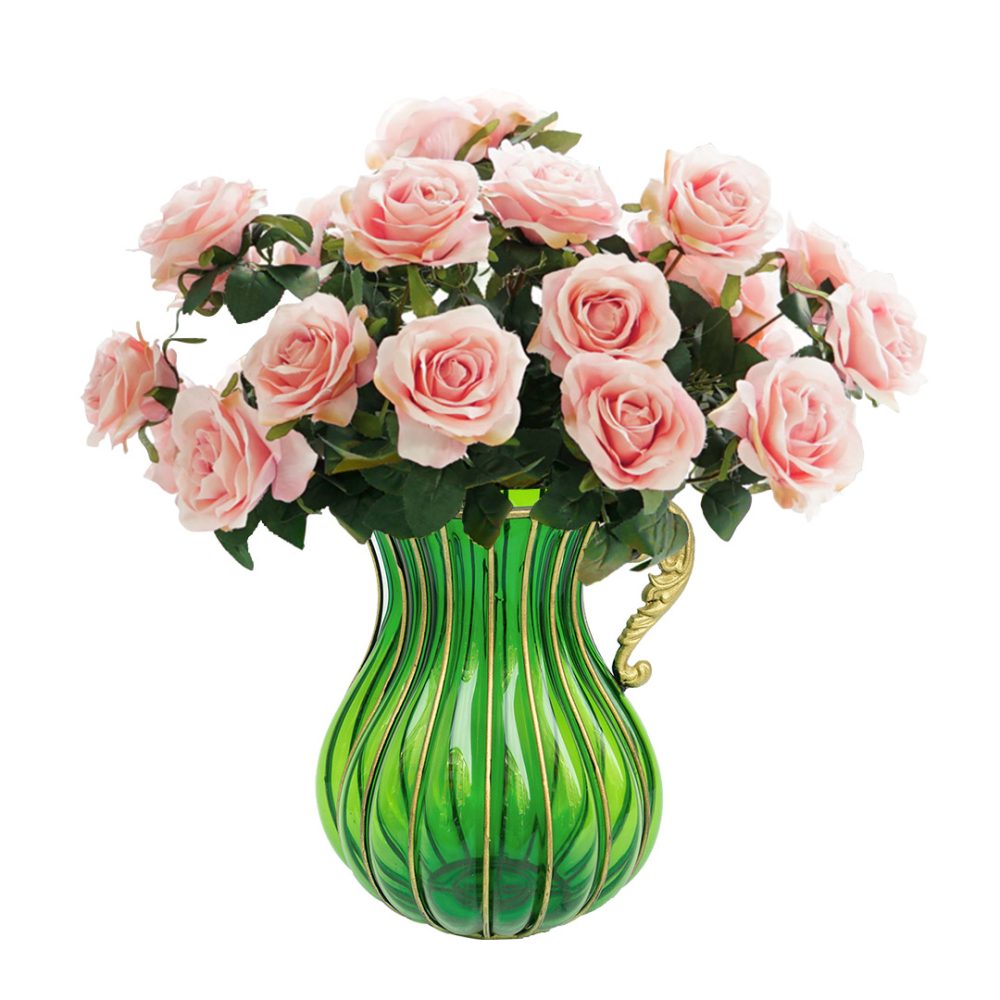 1-SOGA Green Colored Glass Flower Vase with 4 Bunch 9 Heads Artificial Fake Silk Rose Home Decor Set
