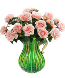 1-SOGA Green Colored Glass Flower Vase with 4 Bunch 9 Heads Artificial Fake Silk Rose Home Decor Set