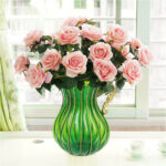 6-SOGA Green Colored Glass Flower Vase with 4 Bunch 9 Heads Artificial Fake Silk Rose Home Decor Set