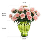 2-SOGA Green Colored Glass Flower Vase with 4 Bunch 9 Heads Artificial Fake Silk Rose Home Decor Set
