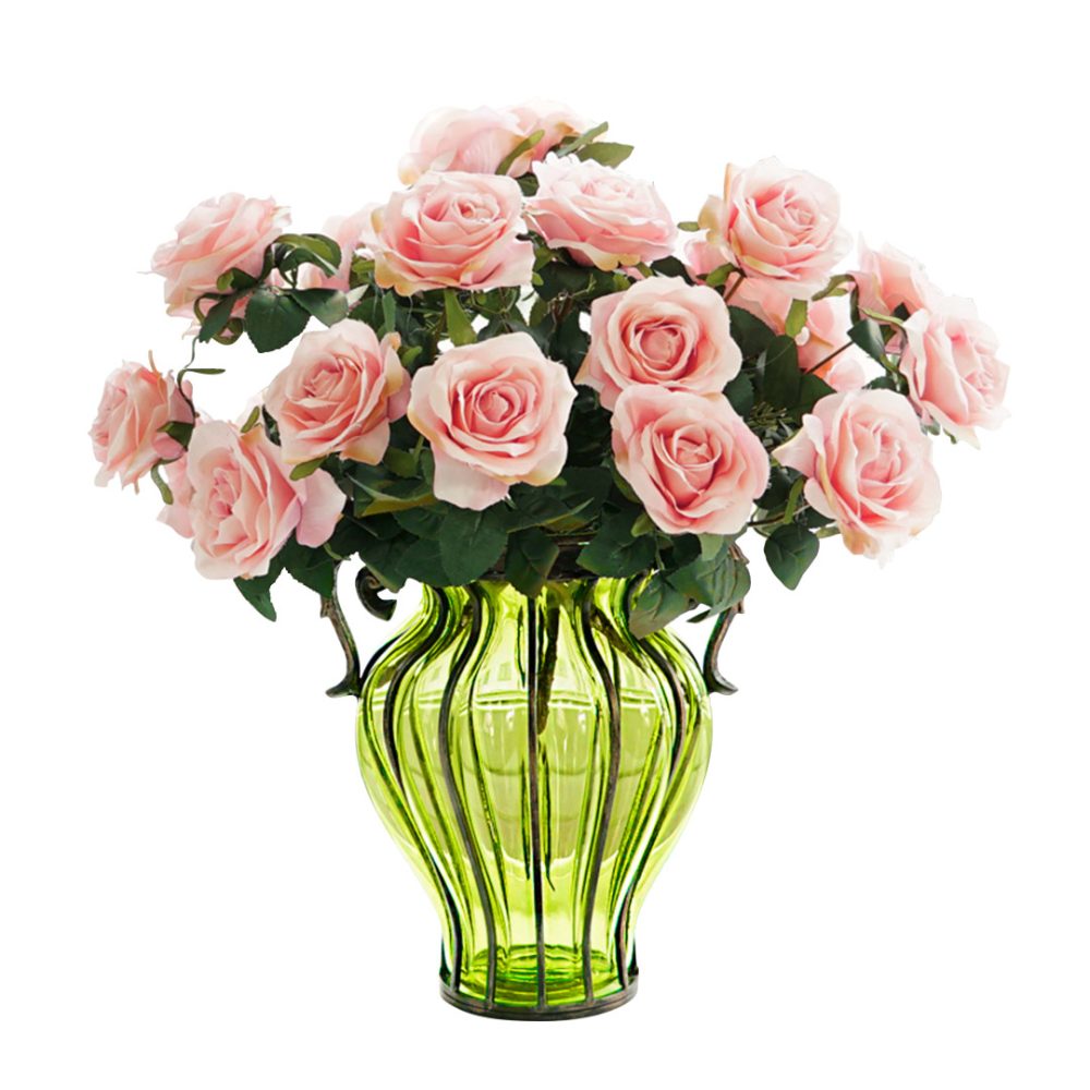 1-SOGA Green Colored Glass Flower Vase with 4 Bunch 9 Heads Artificial Fake Silk Rose Home Decor Set