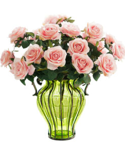 1-SOGA Green Colored Glass Flower Vase with 4 Bunch 9 Heads Artificial Fake Silk Rose Home Decor Set