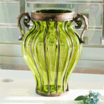 4-SOGA Green Colored Glass Flower Vase with 4 Bunch 9 Heads Artificial Fake Silk Rose Home Decor Set