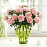 6-SOGA Green Colored Glass Flower Vase with 4 Bunch 9 Heads Artificial Fake Silk Rose Home Decor Set