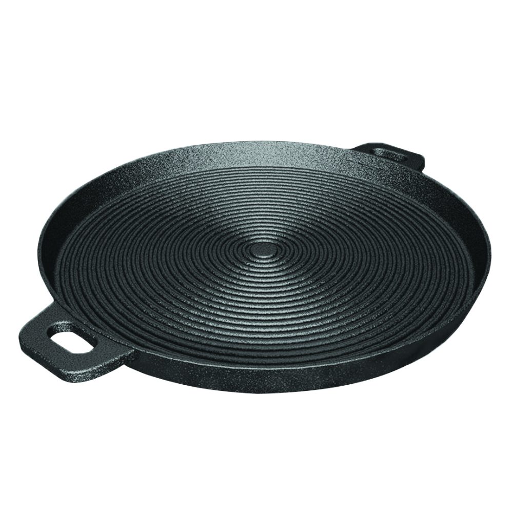 1-SOGA 35cm Round Ribbed Cast Iron Frying Pan Skillet Steak Sizzle Platter with Handle
