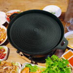 2-SOGA 2X 35cm Round Ribbed Cast Iron Frying Pan Skillet Steak Sizzle Platter with Handle