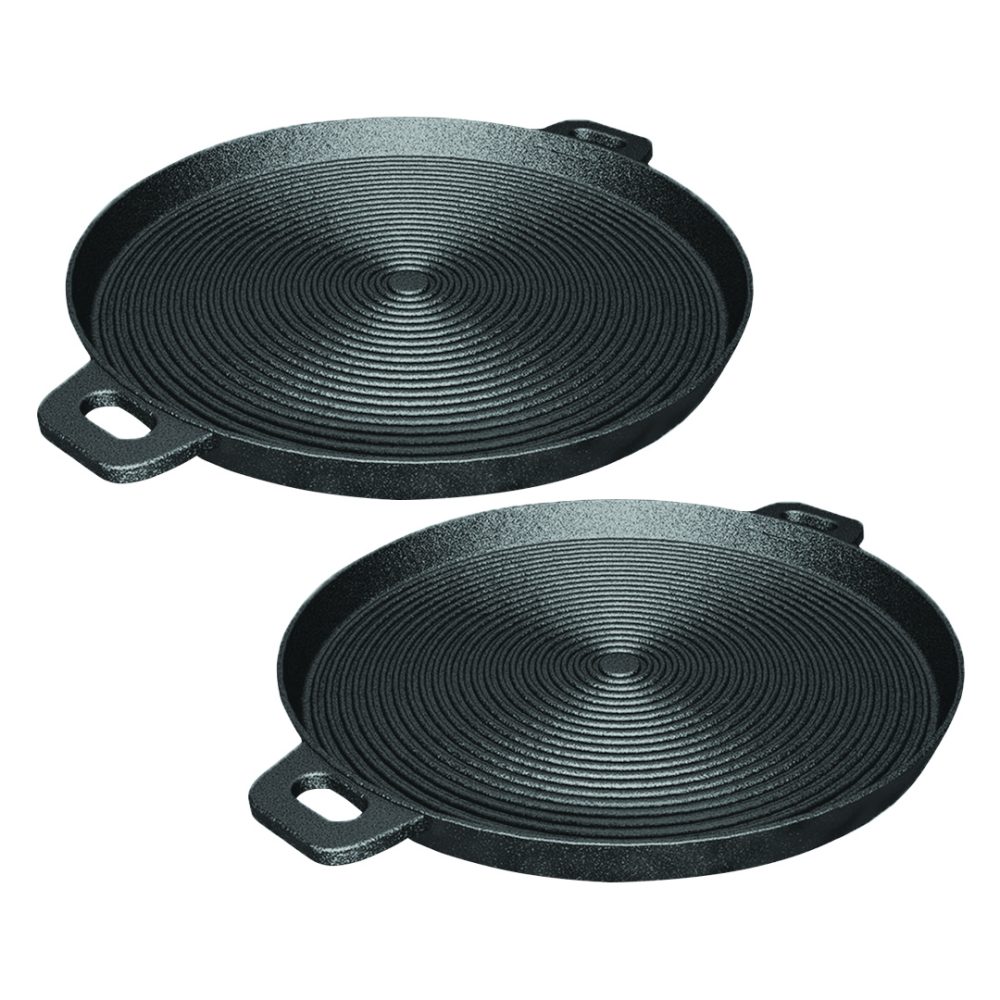 1-SOGA 2X 35cm Round Ribbed Cast Iron Frying Pan Skillet Steak Sizzle Platter with Handle