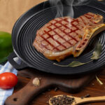 3-SOGA 2X 35cm Round Ribbed Cast Iron Frying Pan Skillet Steak Sizzle Platter with Handle