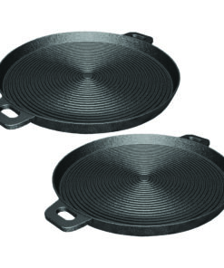 1-SOGA 2X 35cm Round Ribbed Cast Iron Frying Pan Skillet Steak Sizzle Platter with Handle