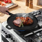 6-SOGA 2X 35cm Round Ribbed Cast Iron Frying Pan Skillet Steak Sizzle Platter with Handle