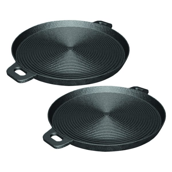 1-SOGA 2X 35cm Round Ribbed Cast Iron Frying Pan Skillet Steak Sizzle Platter with Handle