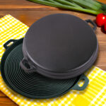 8-SOGA 2X 35cm Round Ribbed Cast Iron Frying Pan Skillet Steak Sizzle Platter with Handle
