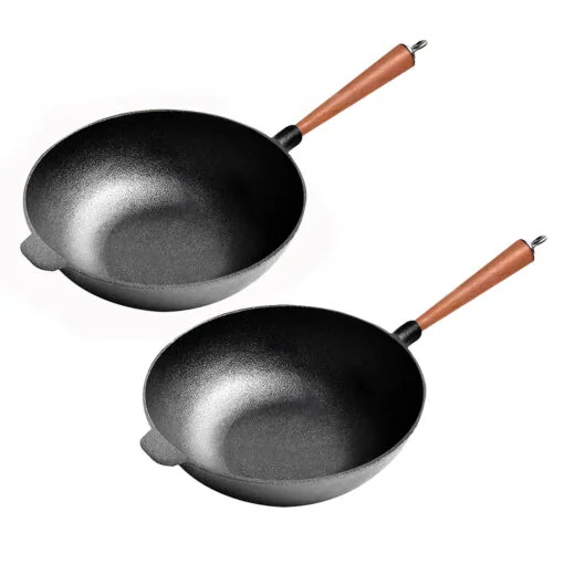 1-SOGA 2X 31cm Commercial Cast Iron Wok Round Bottom FryPan Home Cooking Skillet