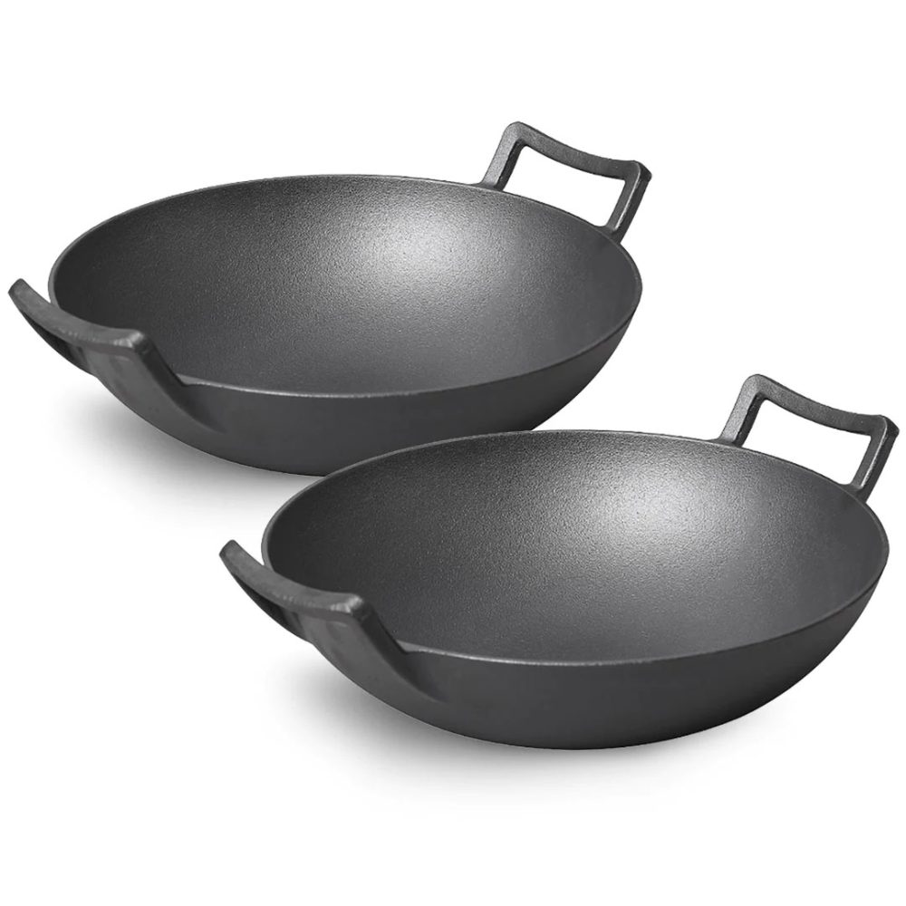 1-SOGA 2X 32cm Commercial Cast Iron Wok FryPan Fry Pan with Double Handle