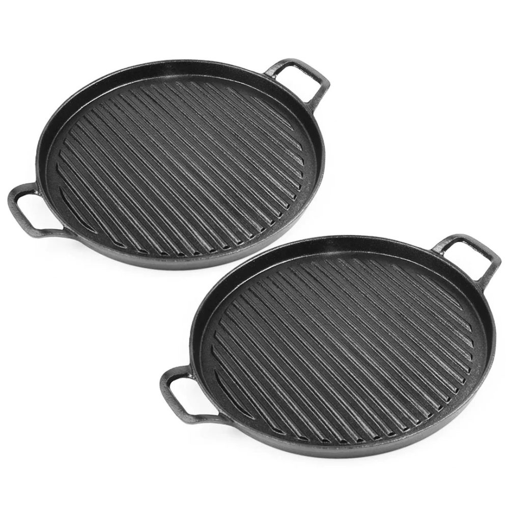 1-SOGA 2X 28cm Ribbed Cast Iron Frying Pan Skillet Coating Steak Sizzle Platter