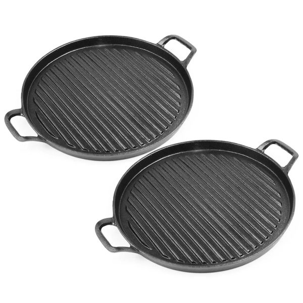 1-SOGA 2X 28cm Ribbed Cast Iron Frying Pan Skillet Coating Steak Sizzle Platter