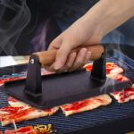 8-SOGA Cast Iron Bacon Meat Steak Press Grill BBQ with Wood Handle Weight Plate