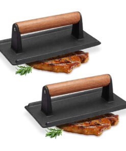 1-SOGA 2X Cast Iron Bacon Meat Steak Press Grill BBQ with Wood Handle Weight Plate