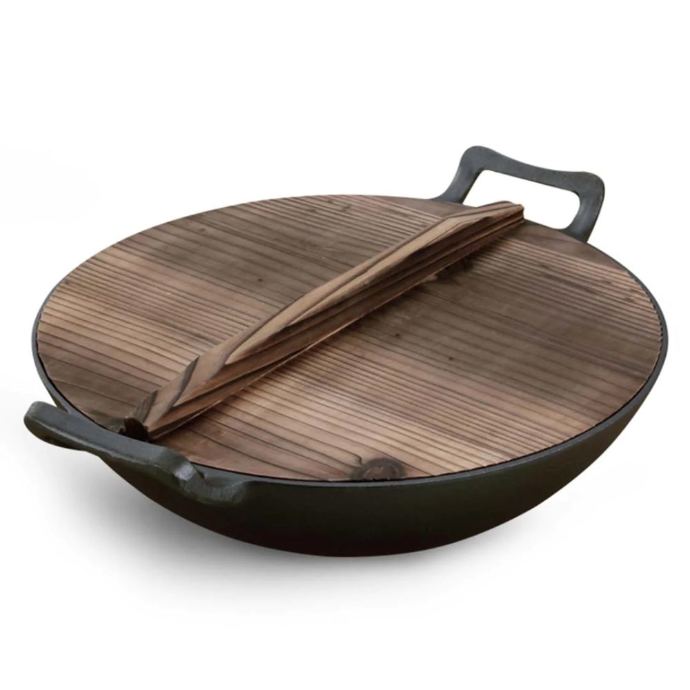 1-SOGA 36CM Commercial Cast Iron Wok FryPan with Wooden Lid Fry Pan