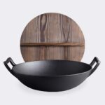 2-SOGA 2X 36CM Commercial Cast Iron Wok FryPan with Wooden Lid Fry Pan