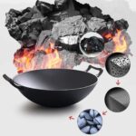 3-SOGA 2X 36CM Commercial Cast Iron Wok FryPan with Wooden Lid Fry Pan