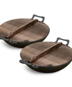 1-SOGA 2X 36CM Commercial Cast Iron Wok FryPan with Wooden Lid Fry Pan