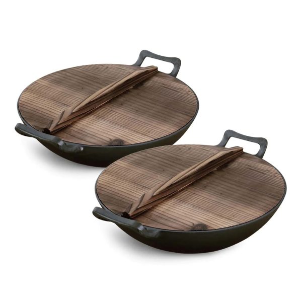 1-SOGA 2X 36CM Commercial Cast Iron Wok FryPan with Wooden Lid Fry Pan