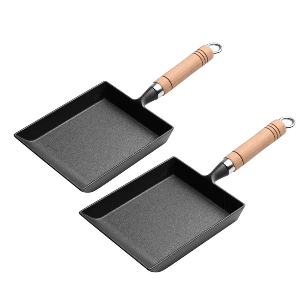 1-SOGA 2X Cast Iron Tamagoyaki Japanese Omelette Egg Frying Skillet Fry Pan Wooden Handle