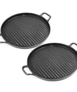1-SOGA 2X 30cm Ribbed Cast Iron Frying Pan Skillet Coating Steak Sizzle Platter