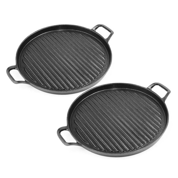 1-SOGA 2X 30cm Ribbed Cast Iron Frying Pan Skillet Coating Steak Sizzle Platter