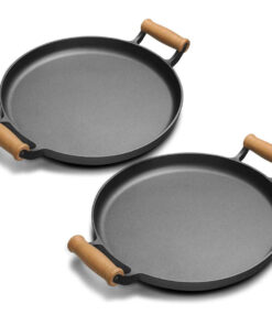 1-SOGA 2X 31cm Cast Iron Frying Pan Skillet Steak Sizzle Fry Platter With Wooden Handle No Lid