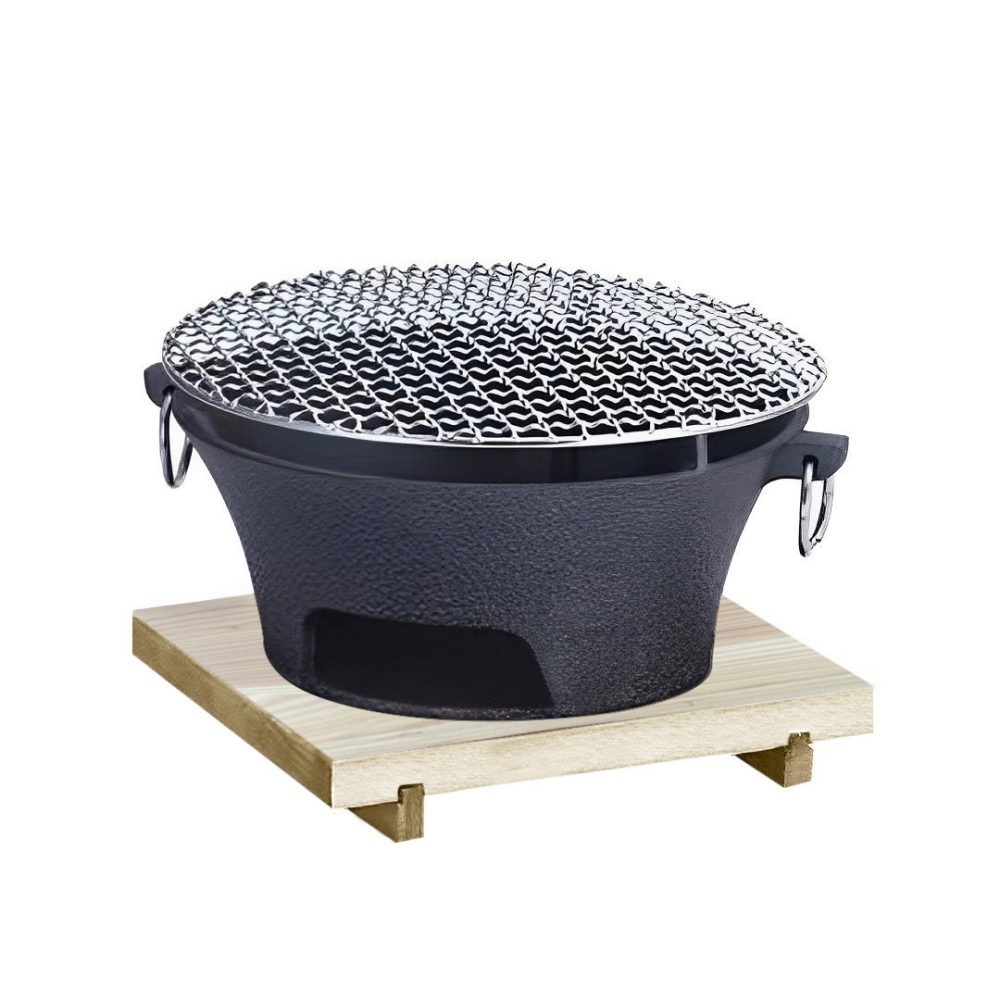 1-SOGA Large Cast Iron Round Stove Charcoal Table Net Grill Japanese Style BBQ Picnic Camping with Wooden Board