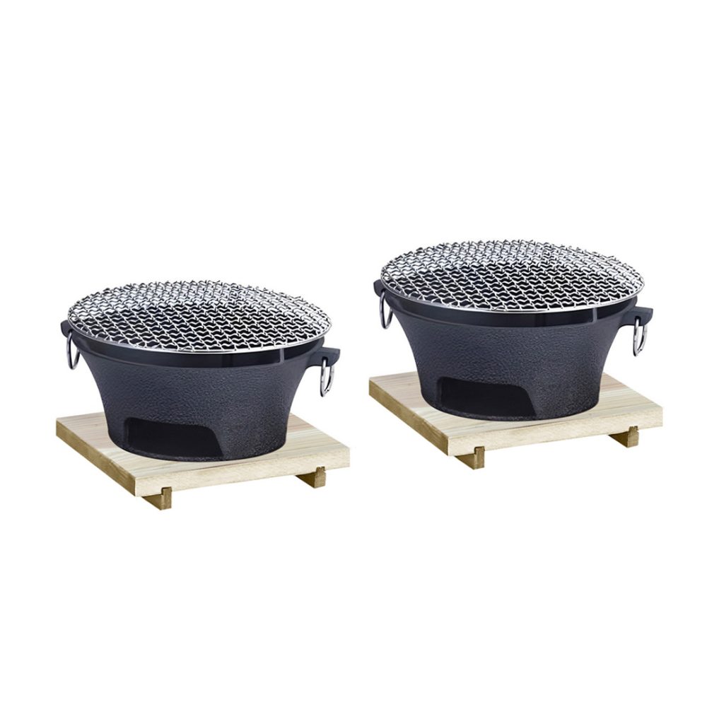 1-SOGA 2X Large Cast Iron Round Stove Charcoal Table Net Grill Japanese Style BBQ Picnic Camping with Wooden Board