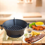 3-SOGA 2X Large Cast Iron Round Stove Charcoal Table Net Grill Japanese Style BBQ Picnic Camping with Wooden Board