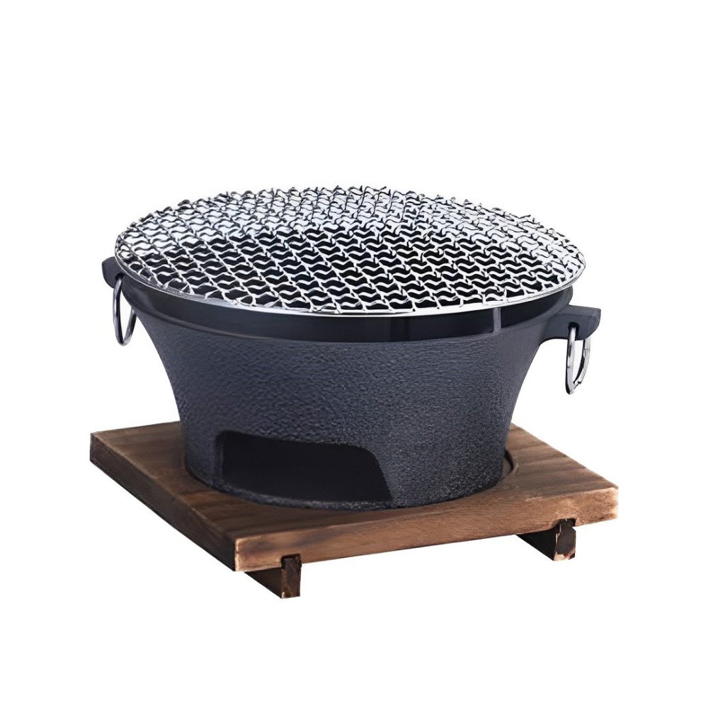 1-SOGA Medium Cast Iron Round Stove Charcoal Table Net Grill Japanese Style BBQ Picnic Camping with Wooden Board