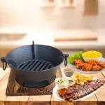 3-SOGA Medium Cast Iron Round Stove Charcoal Table Net Grill Japanese Style BBQ Picnic Camping with Wooden Board